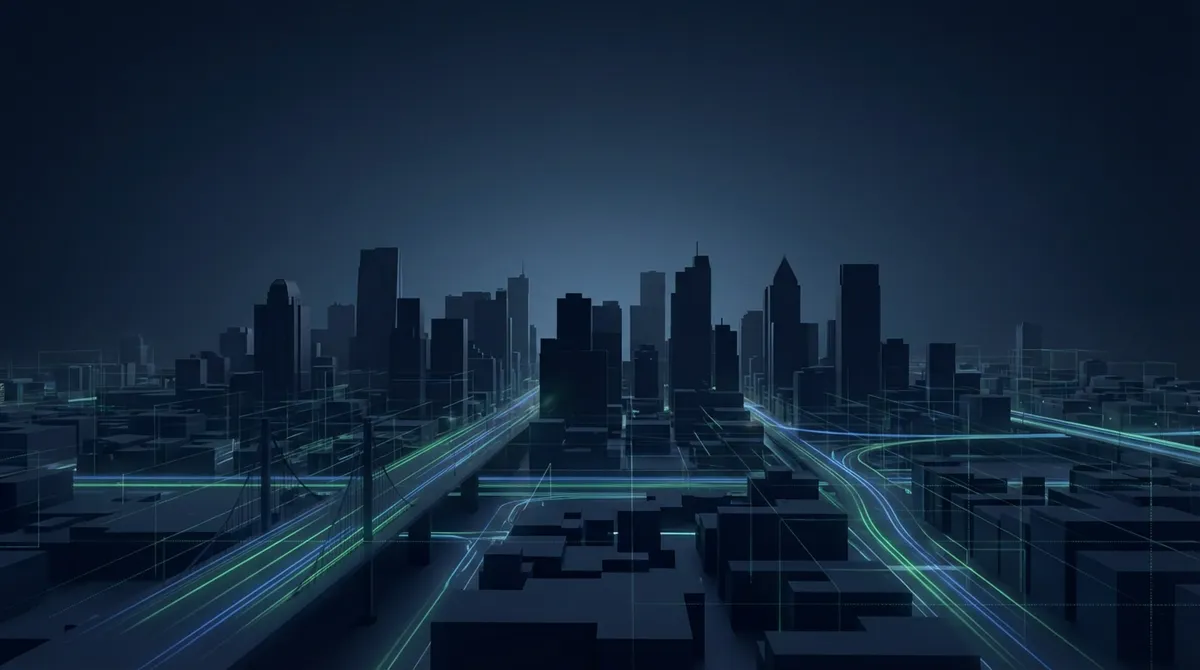 Ilustracja edukacyjna o adaptacji do ubezpieczeń komunikacyjnych w USA — abstrakcyjna scena miejska